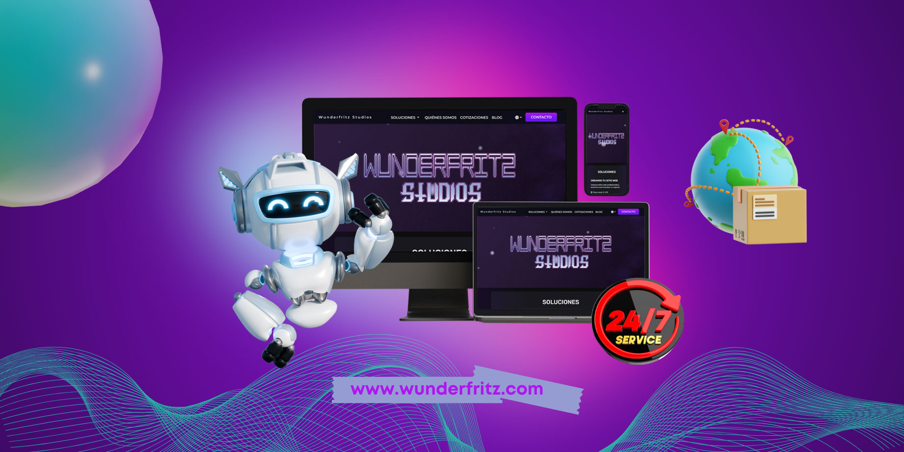 Robot mostrando sitio web disponible 24/7 en todo el mundo